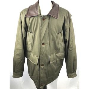LL Bean Barn Field Chore Coat Jacket Mens Small Green Leather Collar Y2K Vtg